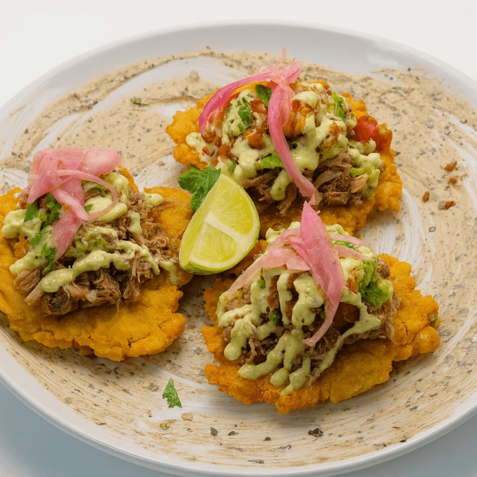 Three Cuban tostones topped with shredded pork, avocado crema, and pickled red onions, garnished with a lime wedge.
