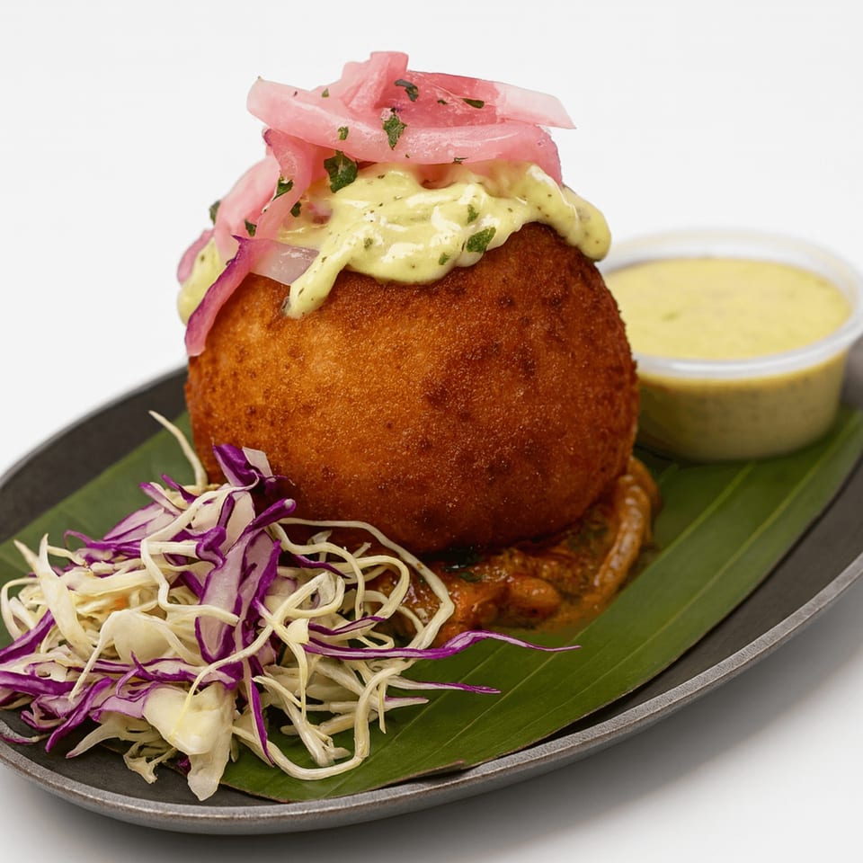 A golden-brown Cuban fritter topped with pickled red onions and a creamy green sauce, served with shredded cabbage.