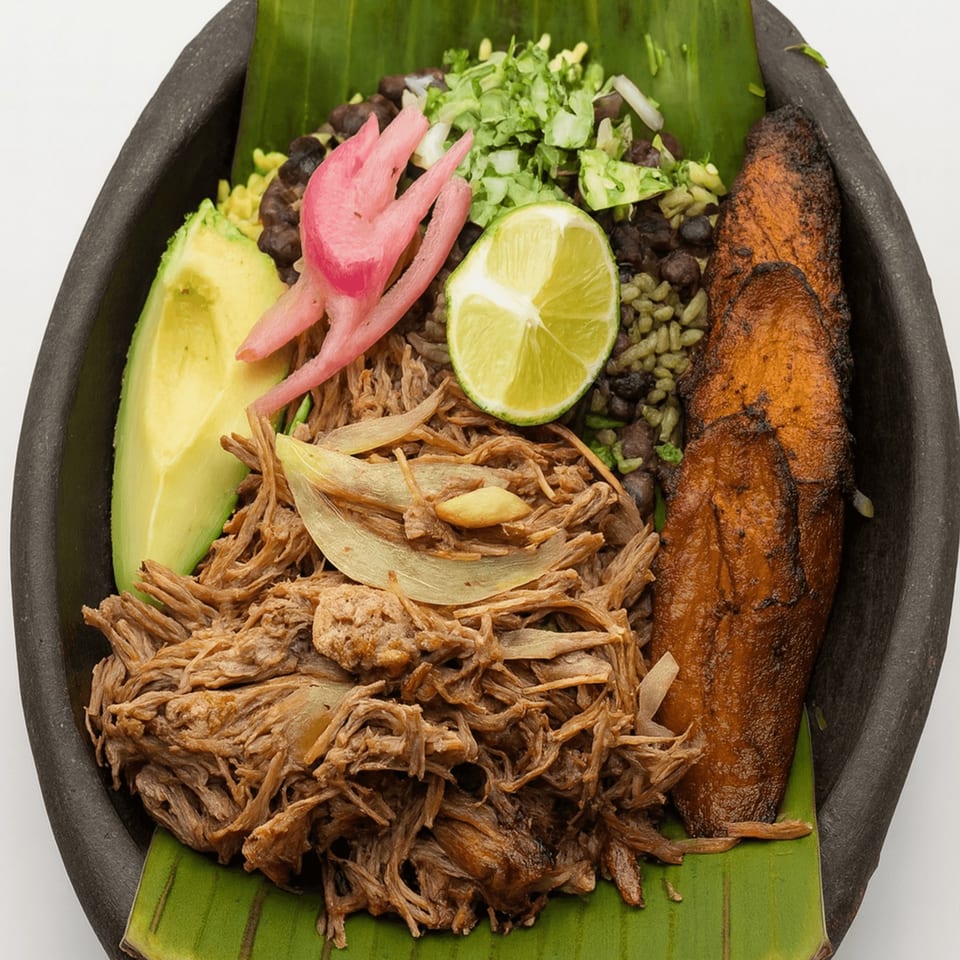 Cuban ropa vieja with black beans, rice, avocado, plantains, pickled onions, and lime in a dark bowl.